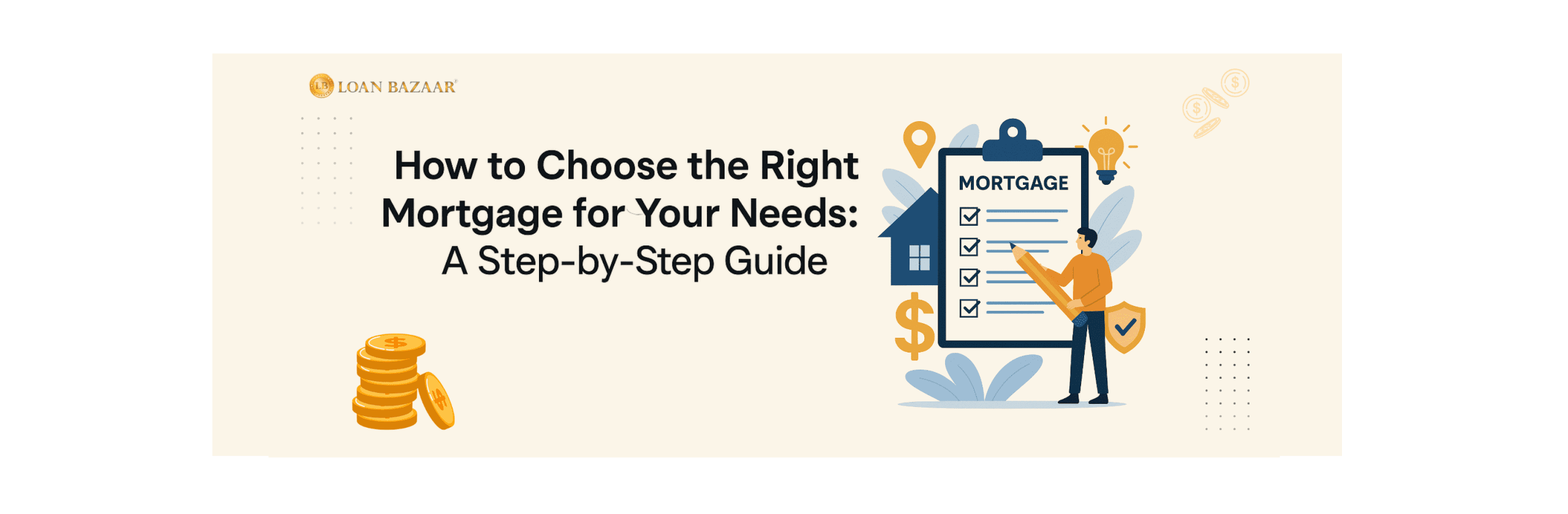 Illustration of a man reviewing a mortgage checklist with icons representing home loans, mortgage planning, and financial decision-making